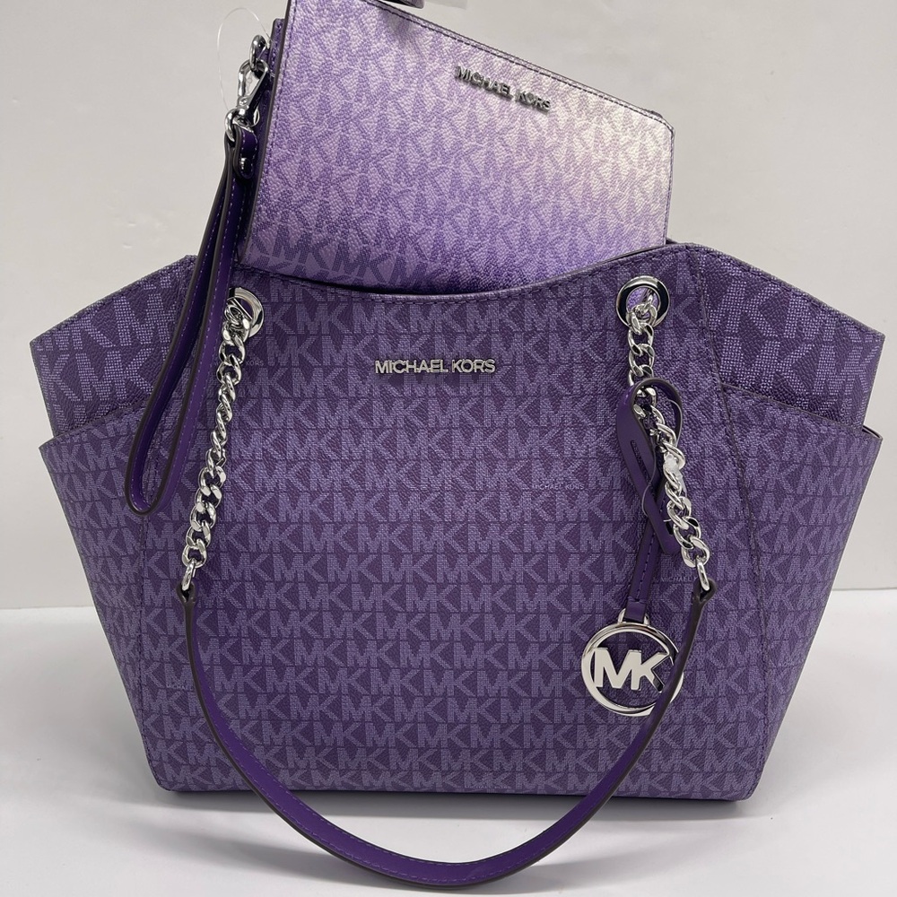 MICHAEL KORS JST Lg Chain Shoulder Tote & Double Zip Wristlet Wallet 
Dk Purple - Picture 12 of 16